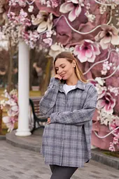 Жіноча сорочка для вагітних стилю oversize в клітинку для майбутніх мам Siena XXL - 3XL (50 - 52) Lullababe сірий - мініатюра 5