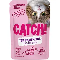Вологий кормCatch! з трьома видами м'яса та овочами в желе, для дорослих котів 85 г