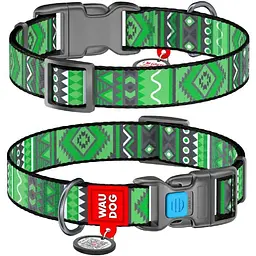 Нашийник для собак Waudog Nylon нейлоновий c QR паспортом, малюнок Етно зелений, пластиковий фастекс, L, Ш 25 мм, Дов 31-49 см