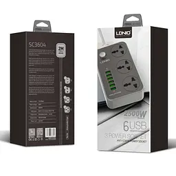 Мережевий зарядний пристрій подовжувач LDNIO SC3604 6 USB 3 розетки 2m сіро-чорний - мініатюра 8
