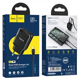 Зарядний пристрій 220В 2 USB з кабелем USB - Lightning Hoco N7 Speedy Чорний - мініатюра 9