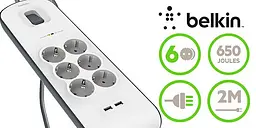 Мережевий фільтр-подовжувач Belkin 6 троянд. 2xUSB 2.4A 650 Дж кабель 2 м - мініатюра 2