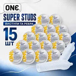 Презервативи ONE Super Studs 15 ШТ, текстуровані латексні з крапками та ребрами, гладкі додатково змащені