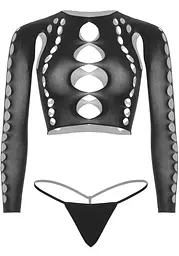 Комплект безшовної білизни Leg Avenue Long sleeve crop top & string Black, One Size, топ, стрінги - мініатюра 3