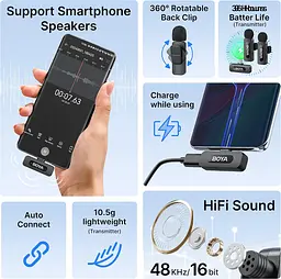 Професійний петличний бездротовий мікрофон Boya BY-V20 V2.0 Роз'єм Type-C 2шт Black (18873-prm) - мініатюра 4