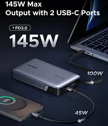 УМБ Ugreen 20000mAh 145W PD3.1.QC, USB-A,USB-С IN/OUT, with built in USB-C cable (PB551) Gray - мініатюра 4