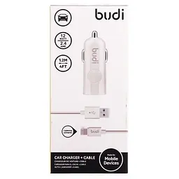 Автомобільний зарядний пристрій BUDI Car charger White Led 1USB 2.4A + Lightning cable 1.2 m White - мініатюра 2