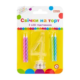 Свічка Maxi 4 шт. на торт з LED підставкою "4", що світиться (MX701007-4)