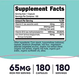 Залізо для жінок Nutricost With Vitamin C, Folate & Vitamin B12, 180 капсул - мініатюра 3