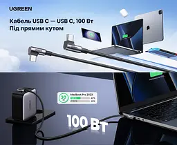 Кабель UGREEN US335 USB-C - USB-C кутовий 90° PD 100 Вт 2 м космічний сірий (70698) - мініатюра 8