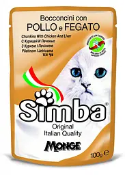 М'ясні шматочки в соусі Monge Simba Cat Wet для кішок курка та лівер (пауч) 100 гр