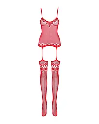 Бодістокінг Obsessive Bodystocking F214 red імітація корсета та панчіх на підв'язках S/M/L - мініатюра 5