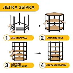 Стелаж кутовий LEOBRO Premium Black 180 х 90 х 40 см, 175кг/полиця, 5 полиць (LB-R124) - мініатюра 6