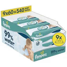 Дитячі вологі серветки Pampers 99 Water 60 шт х 9 пачок (540 шт) (8006530116459)