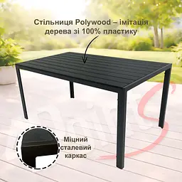 Стіл садовий 4Points Parma прямокутний 150х90х70 см, стільниця штучне дерево Polywood, Чорний - мініатюра 4