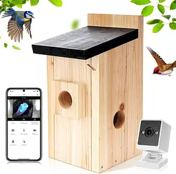 Ideashop Смарт шпаківня з бездротовою камерою 3MP, 13" H підвісний дерев'яний пташиний будиночок для вулиці, зовнішня камера