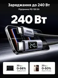 Кабель UGREEN L530 USB-C - USB-C PD 240 Вт з LED-дисплеєм 3 м чорний (65868) - мініатюра 3