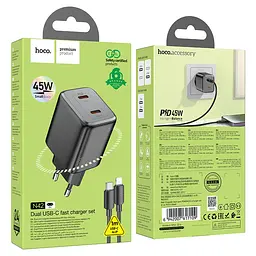 Мережевий зарядний пристрій з кабелем Hoco N42 Elogiado dual-port PD45W(2C) charger set(C to iP) чорний - мініатюра 2