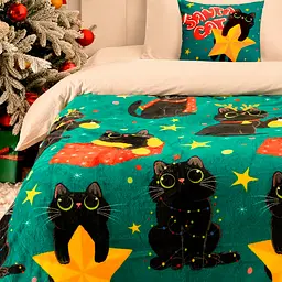 Плед Love You Зірки і котики 150x200 см велсофт зелений з принтом (9119) - мініатюра 3