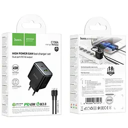 МЗП Hoco C158A Upgrade PD45W (1USB-A/1C) + кабель Type-C to Type-C Black - мініатюра 2