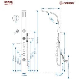 Душова панель Corsan Snake inox LED з термостатом S002TSLLED, Нержавіюча сталь - мініатюра 6