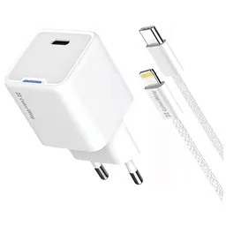 Зарядний пристрій ColorWay C101D GaN Mini 20 Вт PD PPS USB-C + кабель USB-C — Lightning білий (CW-CHS059PDL-WT)