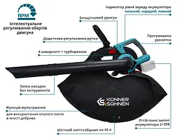 Konner & Sohnen Повітродув-пилосос садовий акумуляторний безщітковий 40В(20+20В) акб 2?4А·год 3.5кг - мініатюра 10
