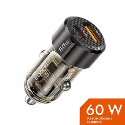 Зарядний пристрій автомобільний в прикурювач Toocki 60W (1 Type-C 30w + 1 USB 30w), Black Transparent
