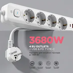 Мережевий фільтр-подовжувач ArmorStandart A-PS42 1.8m 4 розетки + USB-A + USB-C (PD20W) White (ARM84666) - мініатюра 2