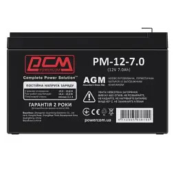 Акумуляторна батарея PowerCom, 12V, 7 Аг, AGM, T2, 151x94x65 мм, 2.1 кг (PM-12-7.0)