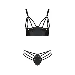 Комплект з екошкіри з люверсами та ремінцями Passion MALWIA BIKINI L/XL, black, бра та трусики - мініатюра 3