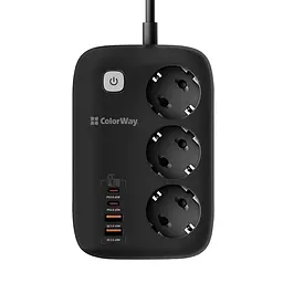 Фільтр мережевий ColorWay GaN3 Pro, 3 розетки, 2 м, чорний, 2xUSB (60 Вт, QC3.0), 2xType-C (65 Вт, PD3.0), дріт з міді (до 3250