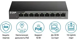 Комутатор D-Link DSS-100E-9P 8xFE PoE, 1xGE, 92W (DSS-100E-9P) - мініатюра 3