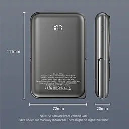 Універсальна мобільна батарея Vention Magnetic Wireless 10000mAh 20W PD USB-C In/Out, QI-15W Чорний - мініатюра 3