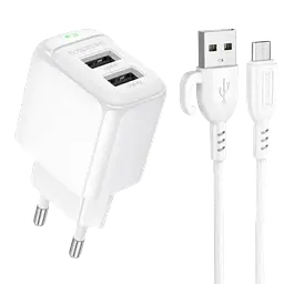 Зарядний пристрій з кабелем- адаптер мережевий Borofone BAS41A 2 виходи USB + micro кабель - SET білий