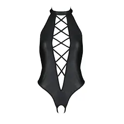 Боді з екошкіри Passion Nancy Body 4XL/5XL чорне з імітацією шнурівки та відкритим доступом