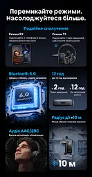 Аудіопередавач і приймач Vention Bluetooth 6.0 AUX 3,5 мм передавання на дві пари навушників або приймання з двох телефонів по черзі мікрофон для дзвінків у режимі приймання приблизно 9 год передавання/12 год приймання AAC/SBC кнопкове керування відтворенням і дзвінками до 10 м на відкритій місцевості автопідключення в режимі приймання знімний адаптер minijack 3,5 мм із двома штекерами заряджання USB-C темно-сірий і чорний із синім кільцем (NAOH0) - мініатюра 9