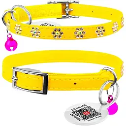 Нашийник для котів Waudog Glamour Квіточка, шкіряний, з еластичною вставкою, зі стразами, 22-30х0,9 см, жовтий - мініатюра 3