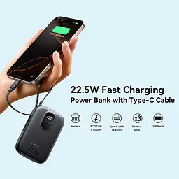 УМБ Joyroom 10000mAh 22,5W PD,QC, USB-A, USB-C In/Out with built-in USB-C cable Black - мініатюра 4