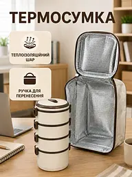 Ланч-бокс термо 2,8 л 4-ярусний з нержавіючої сталі з термосумкою для їжі 28×14 см, бежевий (49676380) - мініатюра 8