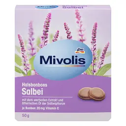 Льодяники від кашлю Mivolis Salbei з олією шавлії і витамином С, 20 шт, 50 г, від DM (Німеччина)