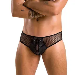 Чоловічі труси зі шнурівкою Passion 035 SLIP RICHARD S/M Black, екошкіра, сітка - мініатюра 1