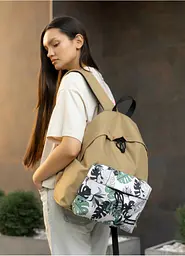 Жіночий рюкзак Sambag Active пісочний тканевий з принтом "monstera" 40 х 33 х 14 см (11811144)