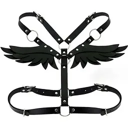 Еротична портупея з крилами Black Angel із чорної екошкіри One Size, жіночий бандаж-крила на спину з ремінцями - мініатюра 3