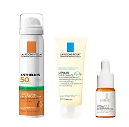 Набір: Сонцезахисний спрей для обличчя La Roche-Posay Anthelios XL SPF 50+ 75 мл + Ліпідовідновлювальний очищувальний засіб La Roche-Posay 100 мл + Сироватка-антиоксидант La Roche-Posay Пюр Вітамін С12 проти зморшок 10 мл