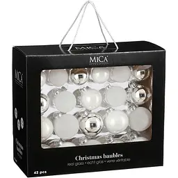 Комплект ялинкових куль Mica Decorations скляні 7/6/5 см білі 42 шт. (1180831)
