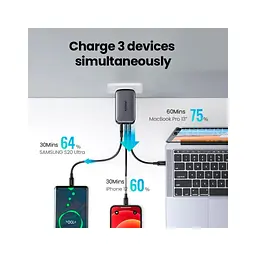 Зарядний пристрій Ugreen 2xUSB-C + 1xUSB 65W GaN gray (10335) - мініатюра 3