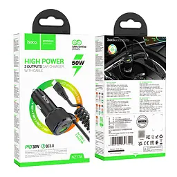 Автомобільний зарядний пристрій Hoco NZ17A USB/2 Type-C PD 50W з кабелем Type-C чорний - мініатюра 7