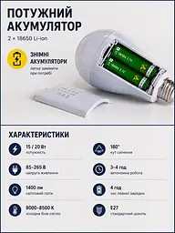Лампа світлодіодна з акумулятором NEI HL-E05 Аварійна лампочка під патрон E27 із відсіком для батареї 2×18650 автономне освітлення електролампа для дачі кемпінгу гаража Білий - мініатюра 4
