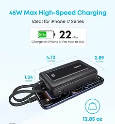 Повербанк Anker 20000 mAh 45W з 2 вбудованими кабелями швидкою зарядкою та дисплеєм Power Bank для телефону ноутбуку та роутера - мініатюра 3
